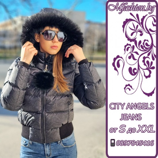 Дамско пухено яке City Angels, Черно с флорални мотиви, 7013